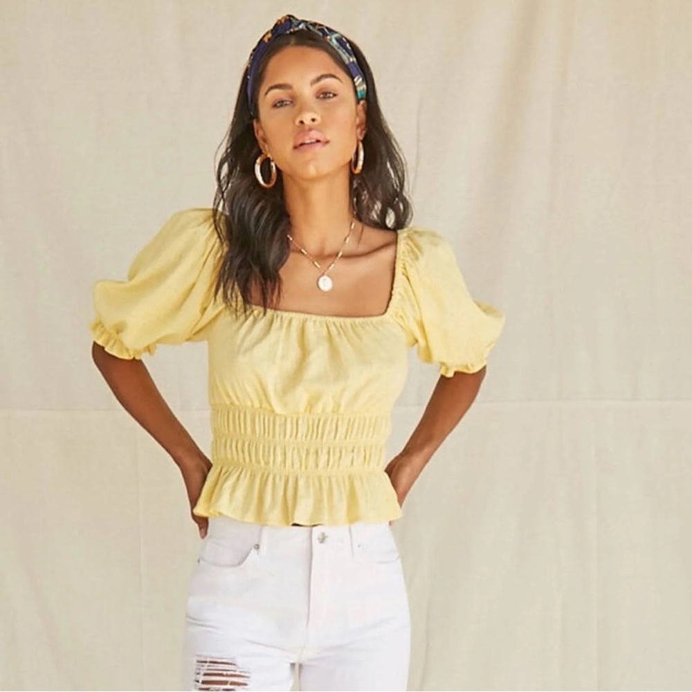 Forever 21 Light Yellow Gauze Short Sleeve Puff Sleeve